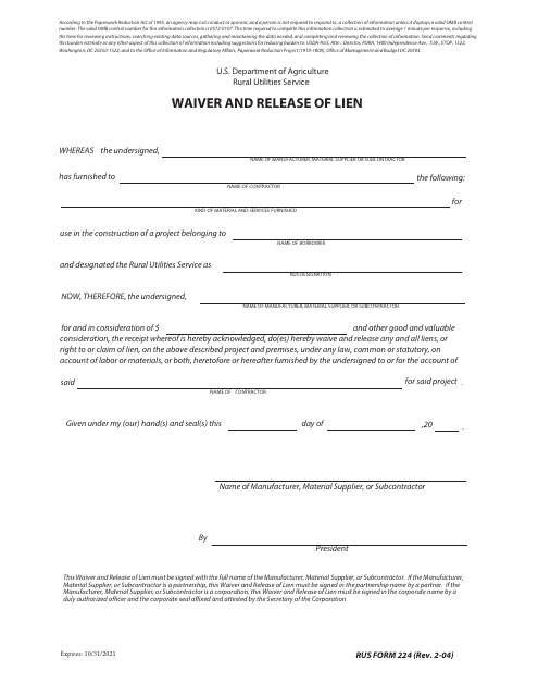 RUS Form 224 Waiver and Release of Lien