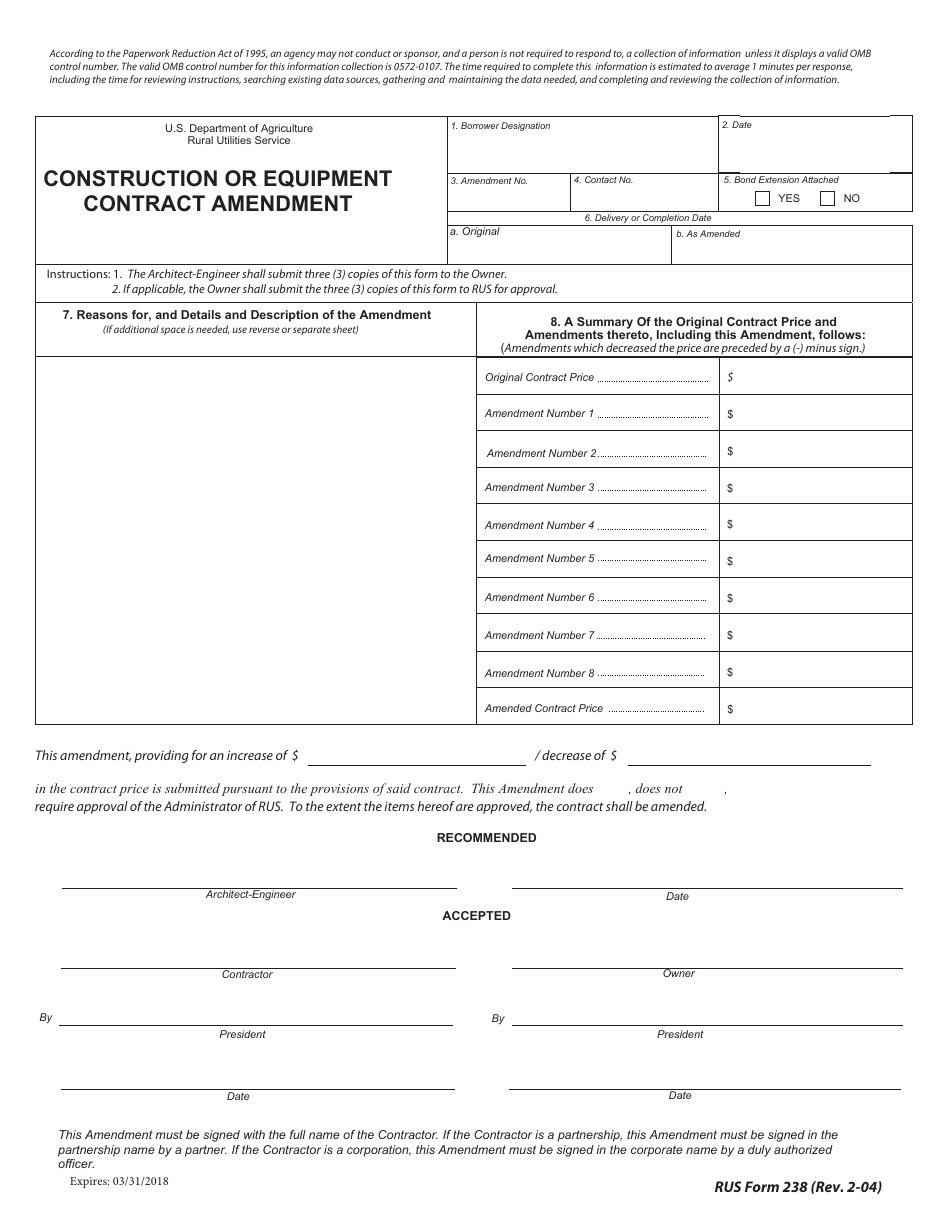 RUS Form 238 Construction or Equipment Contract Amendment, Page 1