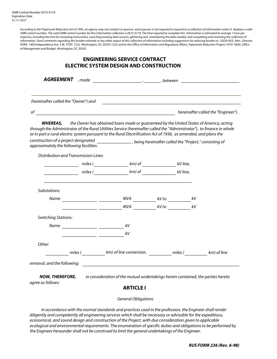 RUS Form 236 Engineering Service Contract Electric System Design and Construction, Page 1
