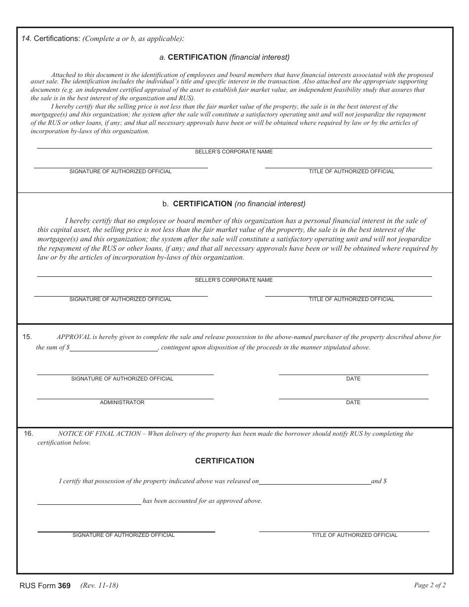 RUS Form 369 Request for Approval to Sell Capital Assets, Page 3