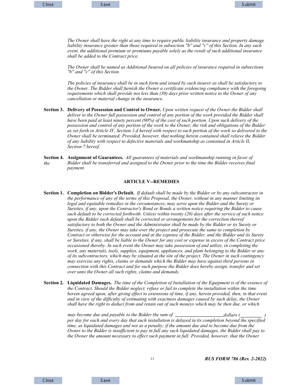 RUS Form 786 Electric System Communications and Control Equipment Contract (Including Installation), Page 11