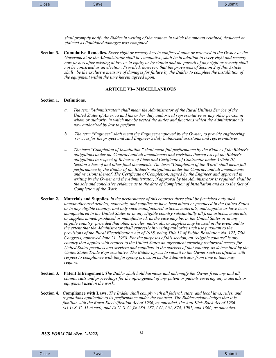 RUS Form 786 Electric System Communications and Control Equipment Contract (Including Installation), Page 12
