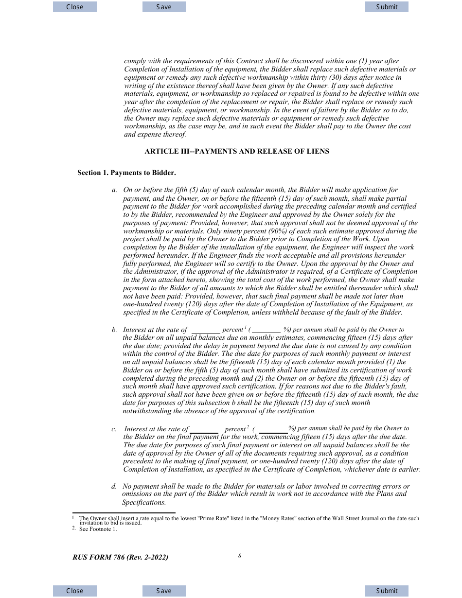 RUS Form 786 Electric System Communications and Control Equipment Contract (Including Installation), Page 8