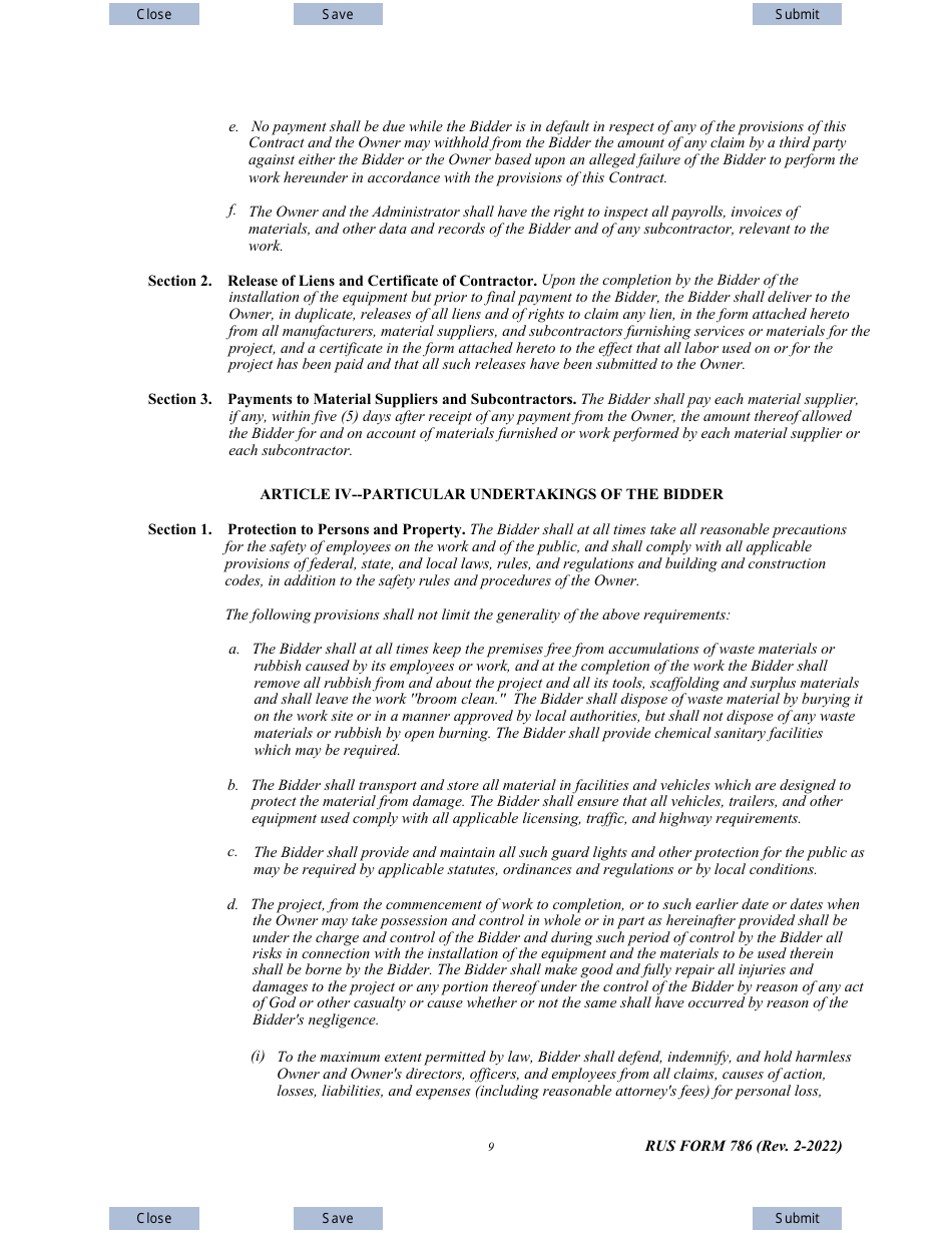 RUS Form 786 Electric System Communications and Control Equipment Contract (Including Installation), Page 9