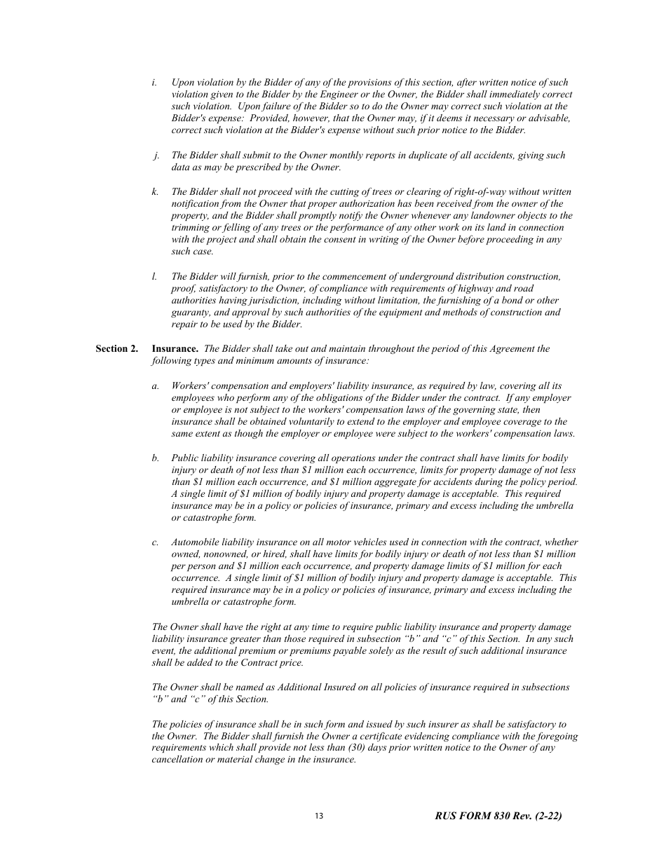 RUS Form 830 Electric System Construction Contract - Project Construction, Page 13