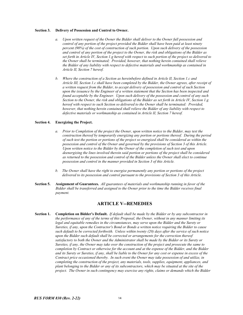 RUS Form 830 Electric System Construction Contract - Project Construction, Page 14