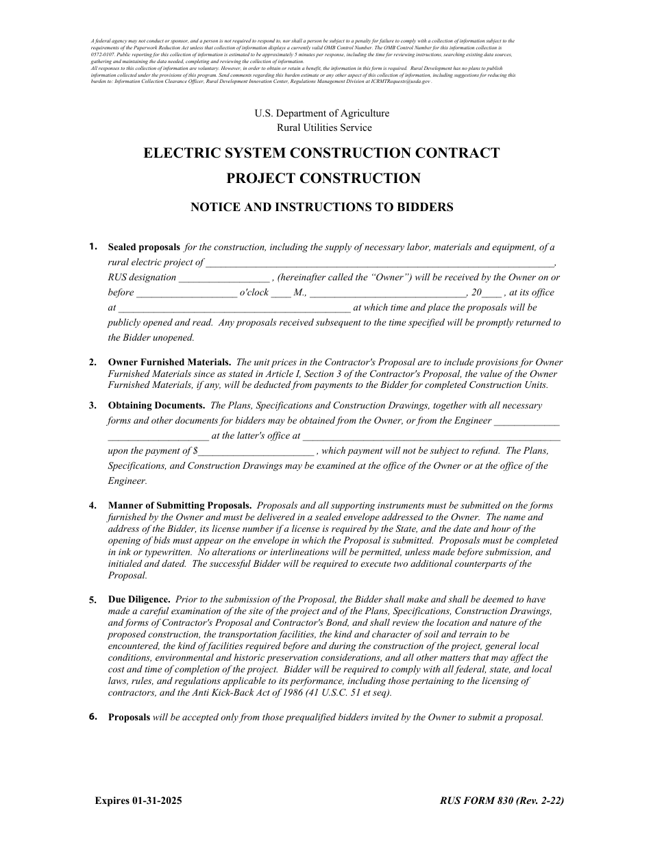 RUS Form 830 Electric System Construction Contract - Project Construction, Page 1