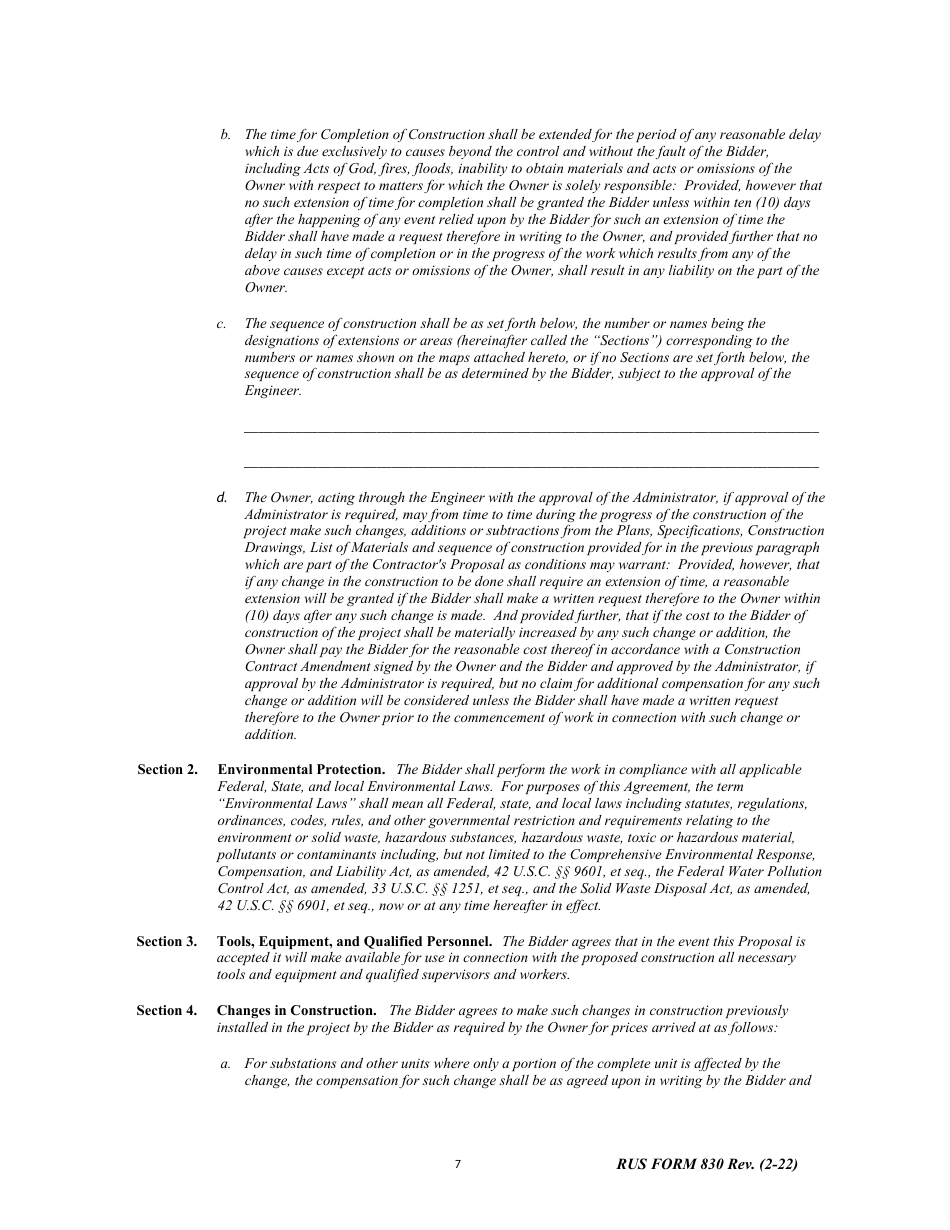 RUS Form 830 Electric System Construction Contract - Project Construction, Page 7