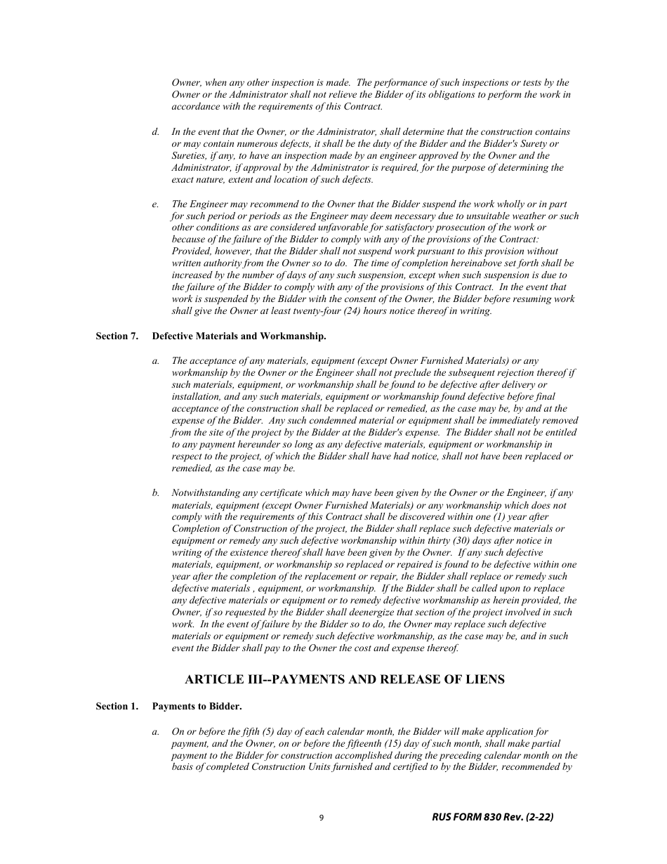 RUS Form 830 Electric System Construction Contract - Project Construction, Page 9