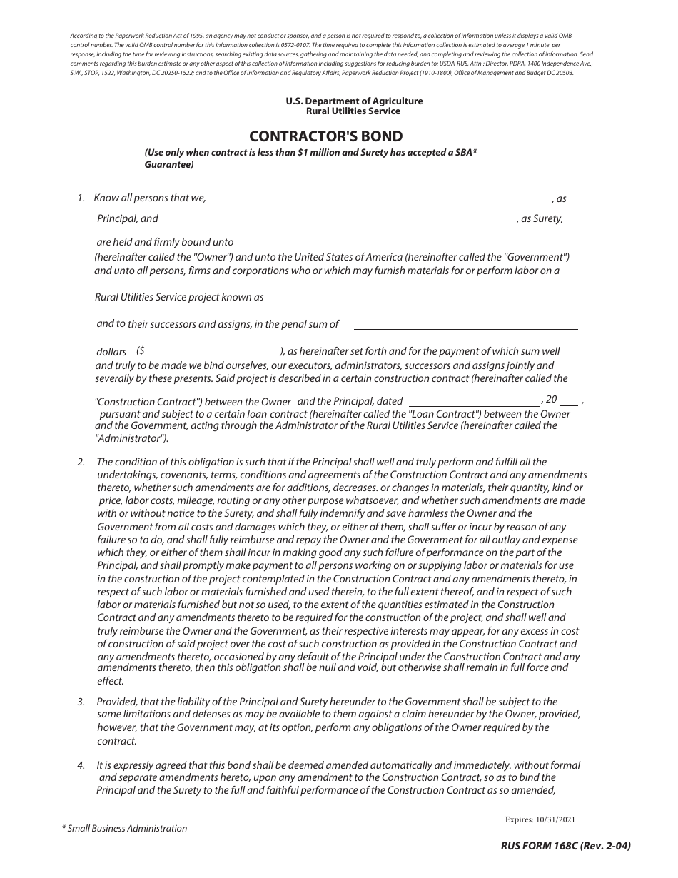 RUS Form 168C Contractors Bond (Use Only When Contract Is Less Than $1 Million and Surety Has Accepted a SBA* Guarantee), Page 1