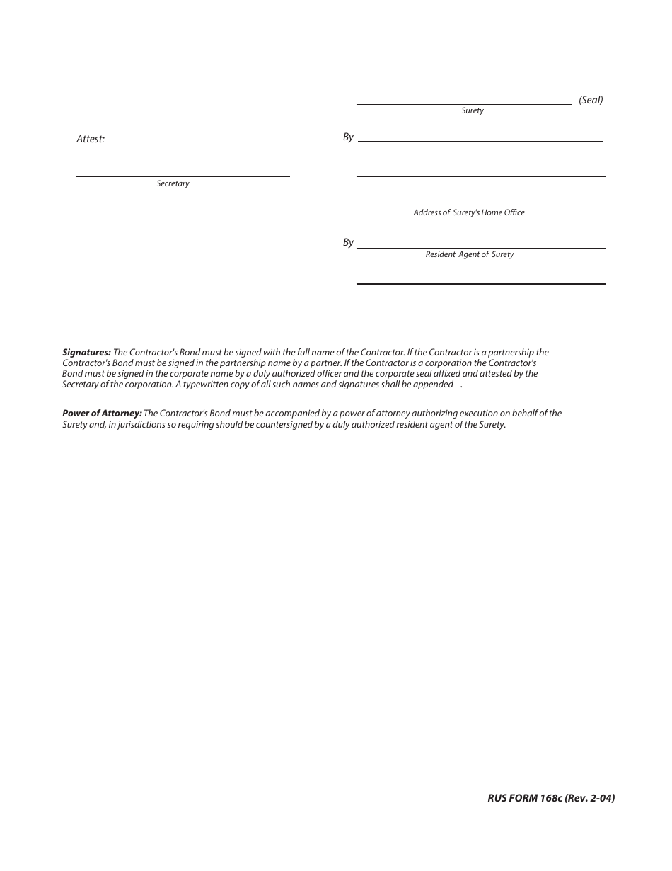 RUS Form 168C Contractors Bond (Use Only When Contract Is Less Than $1 Million and Surety Has Accepted a SBA* Guarantee), Page 3