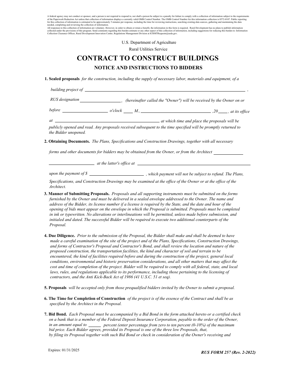 RUS Form 257 Contract to Construct Buildings - Notice and Instructions to Bidders, Page 1