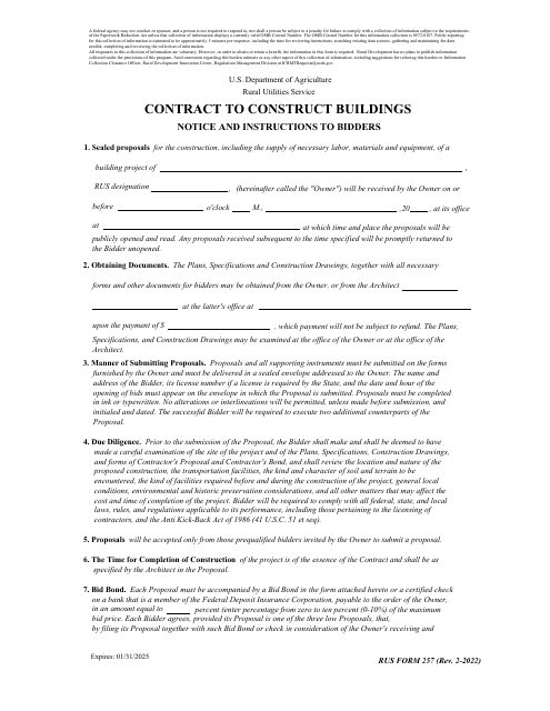 RUS Form 257 Contract to Construct Buildings - Notice and Instructions to Bidders