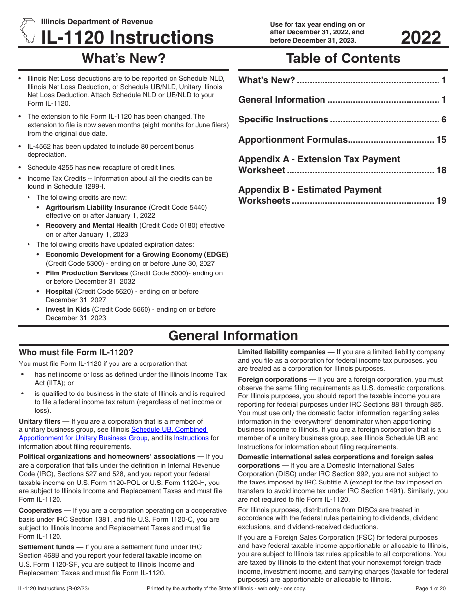Instructions for Form IL-1120 Corporation Income and Replacement Tax Return - Illinois, Page 1