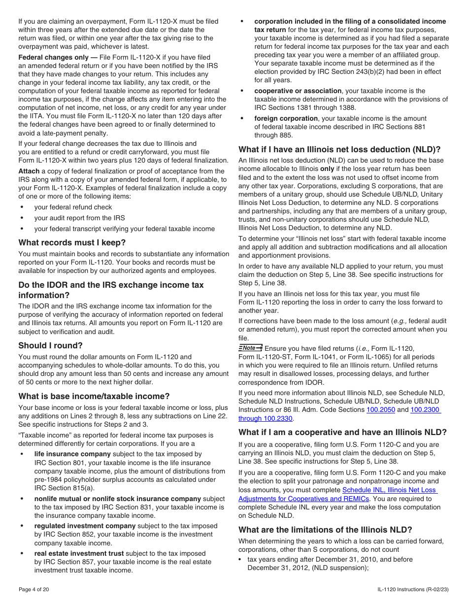 Instructions for Form IL-1120 Corporation Income and Replacement Tax Return - Illinois, Page 4