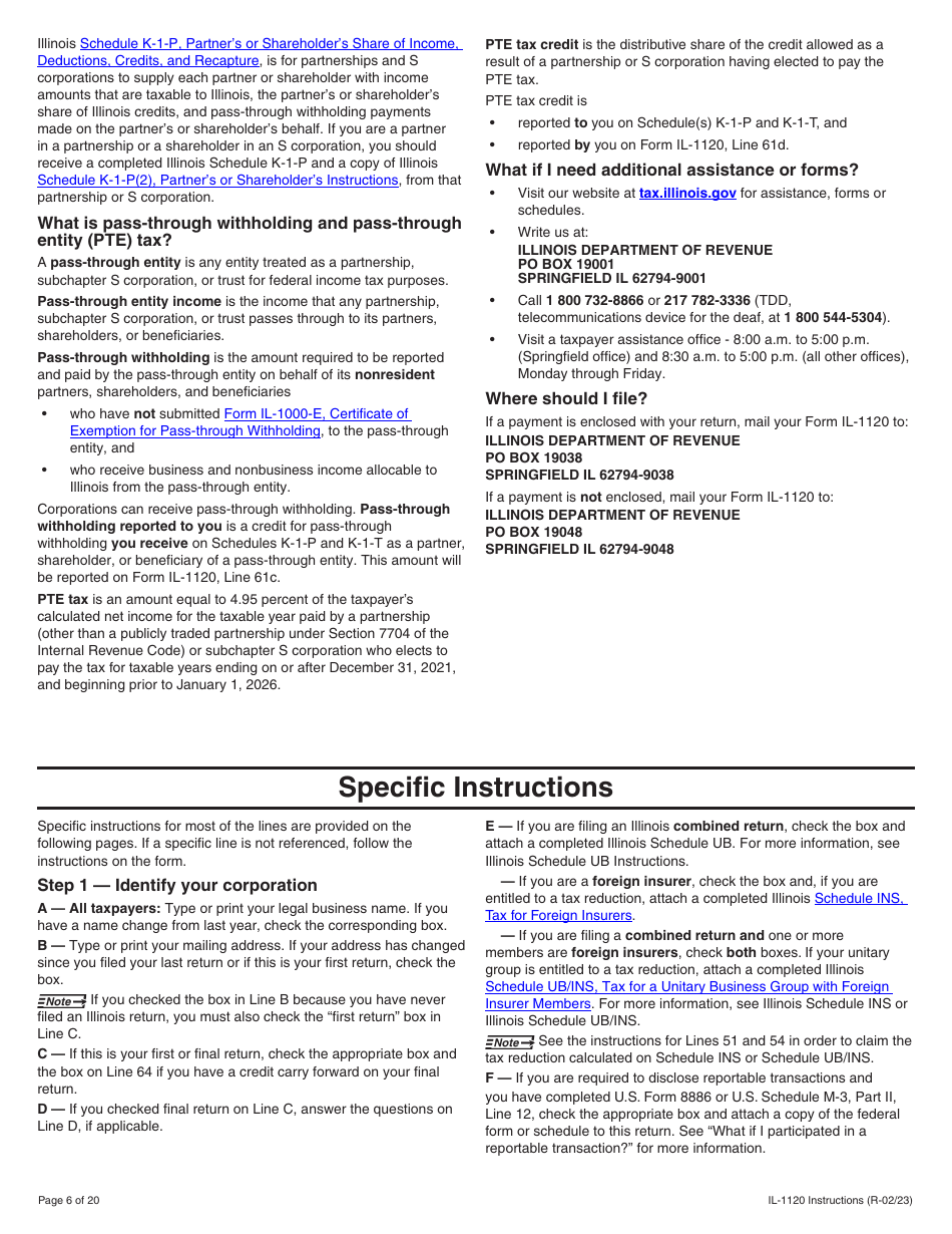Instructions for Form IL-1120 Corporation Income and Replacement Tax Return - Illinois, Page 6