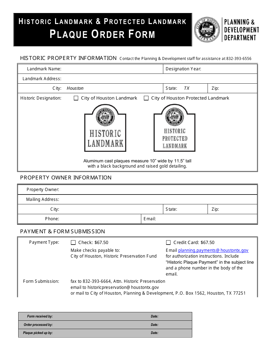 Historic Landmark and Protected Landmark Plaque Order Form - City of Houston, Texas, Page 1