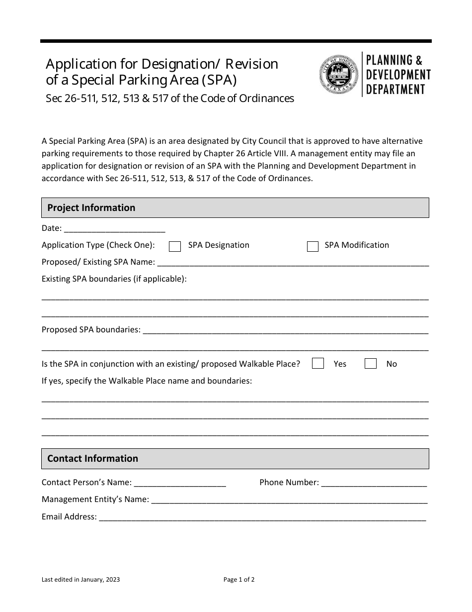 Application for Designation / Revision of a Special Parking Area (SPA) - City of Houston, Texas, Page 1