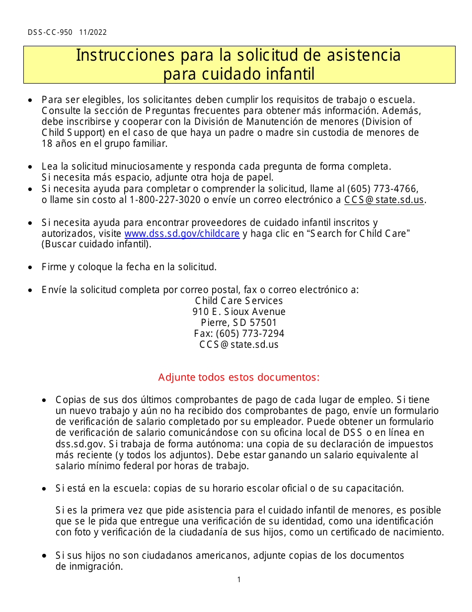 Formulario DSS-CC-950 Solicitud De Asistencia Para Cuidado Infantil - South Dakota (Spanish), Page 1