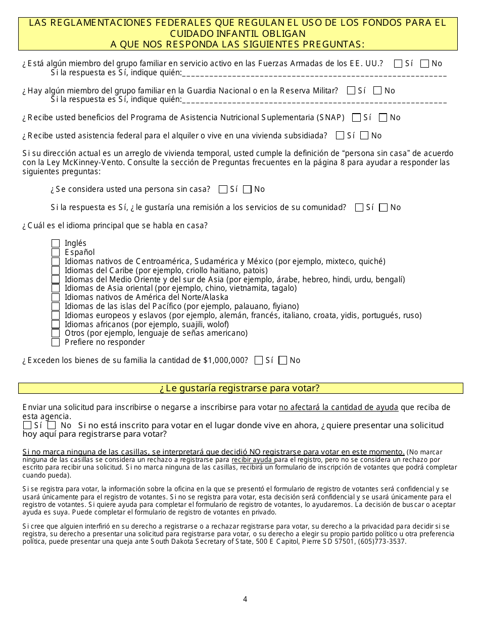 Formulario DSS-CC-950 Solicitud De Asistencia Para Cuidado Infantil - South Dakota (Spanish), Page 4