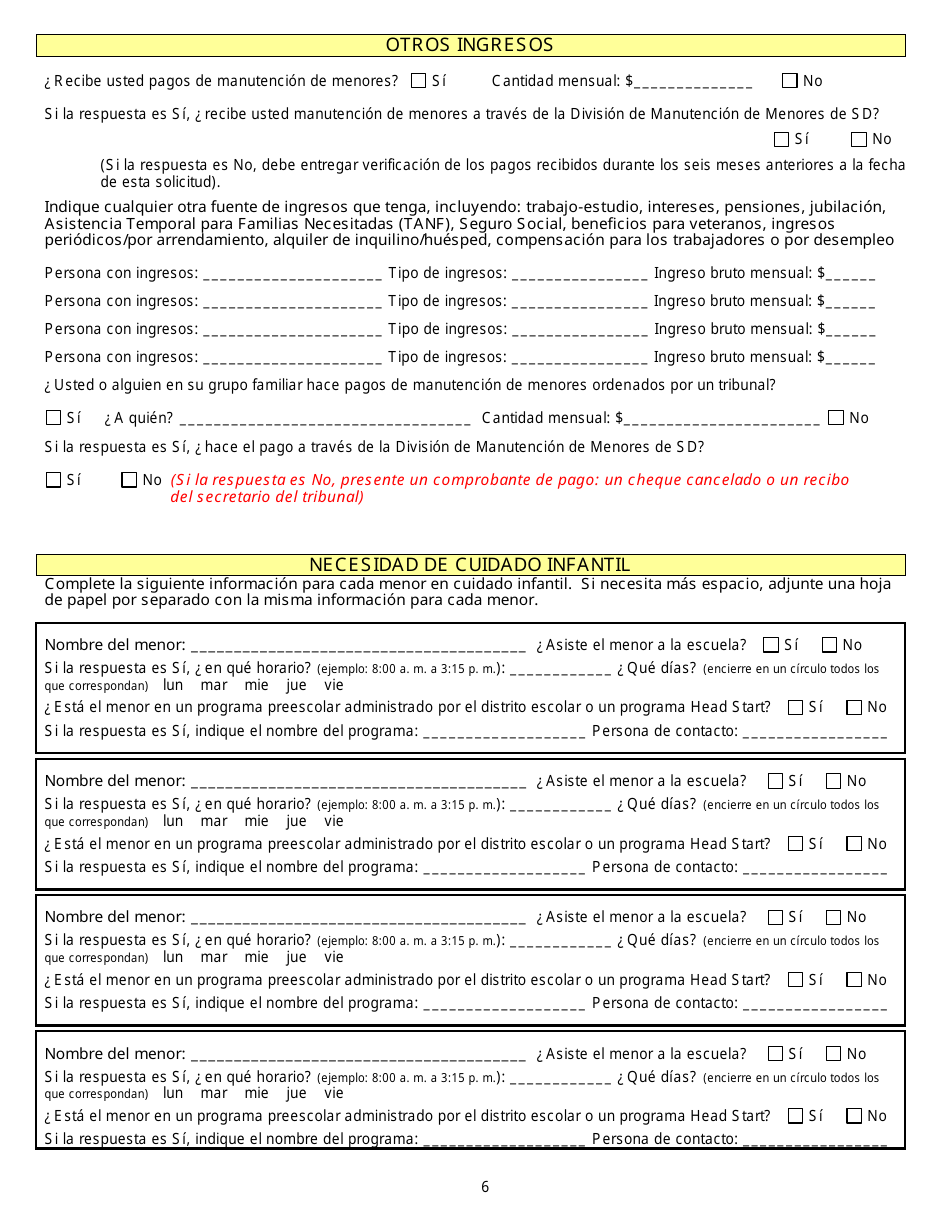 Formulario DSS-CC-950 Solicitud De Asistencia Para Cuidado Infantil - South Dakota (Spanish), Page 6