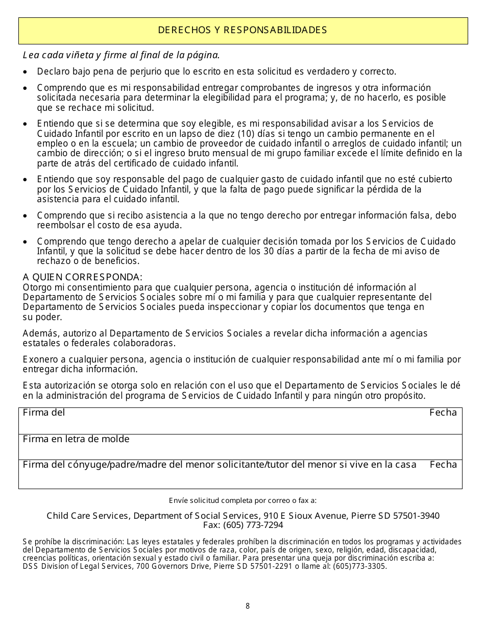 Formulario DSS-CC-950 Solicitud De Asistencia Para Cuidado Infantil - South Dakota (Spanish), Page 8