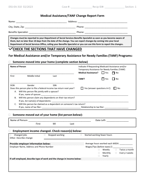 Form DSS-EA-310 Medical Assistance/TANF Change Report Form - South Dakota