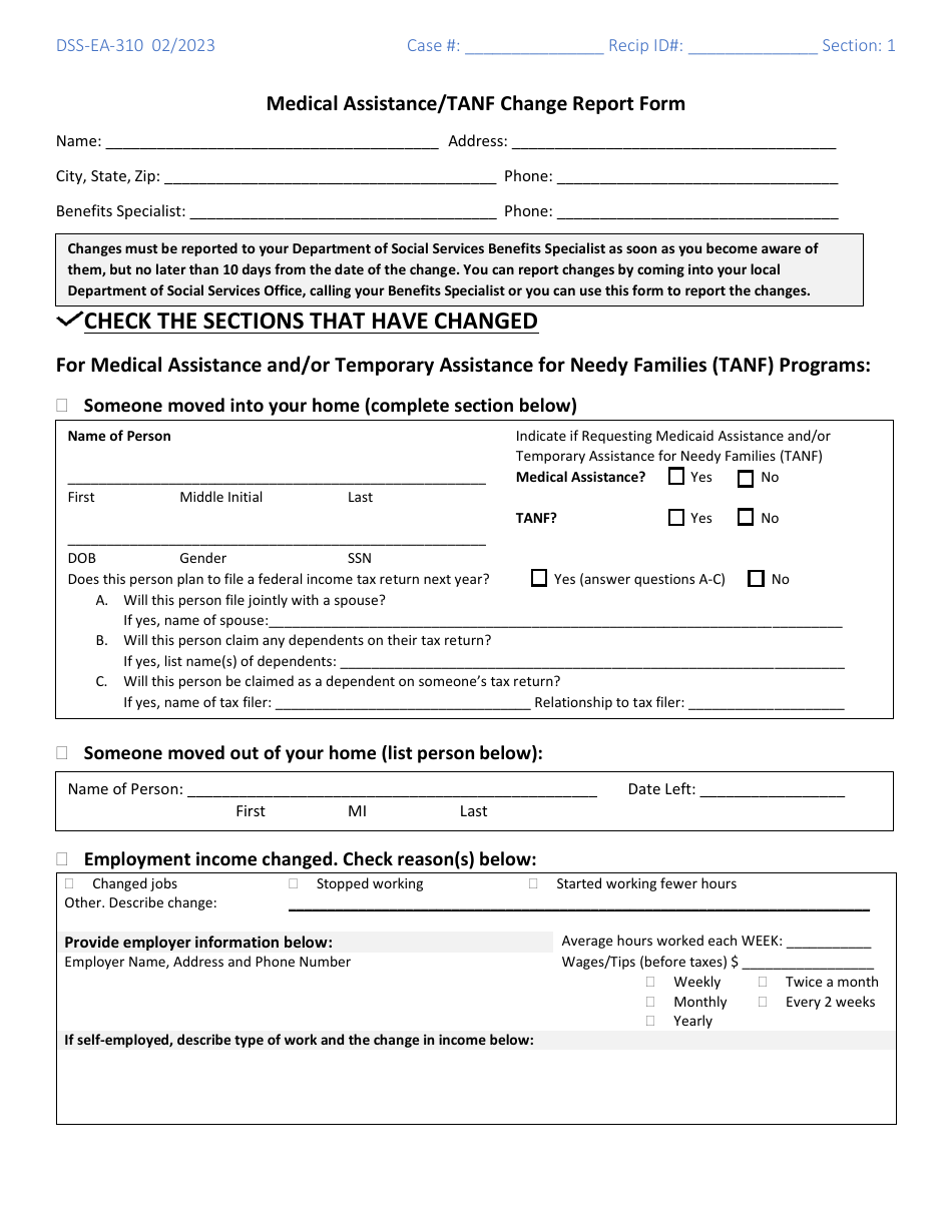 Form DSS-EA-310 Medical Assistance / TANF Change Report Form - South Dakota, Page 1