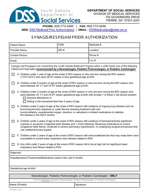 Form PA-103 Synagis/Respigam Prior Authorization - South Dakota
