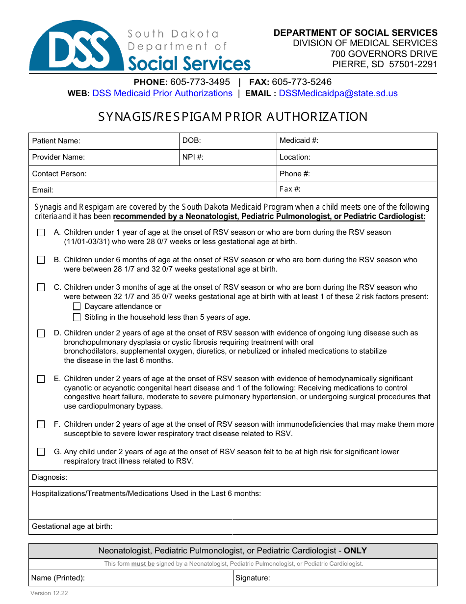 Form PA-103 Synagis / Respigam Prior Authorization - South Dakota, Page 1