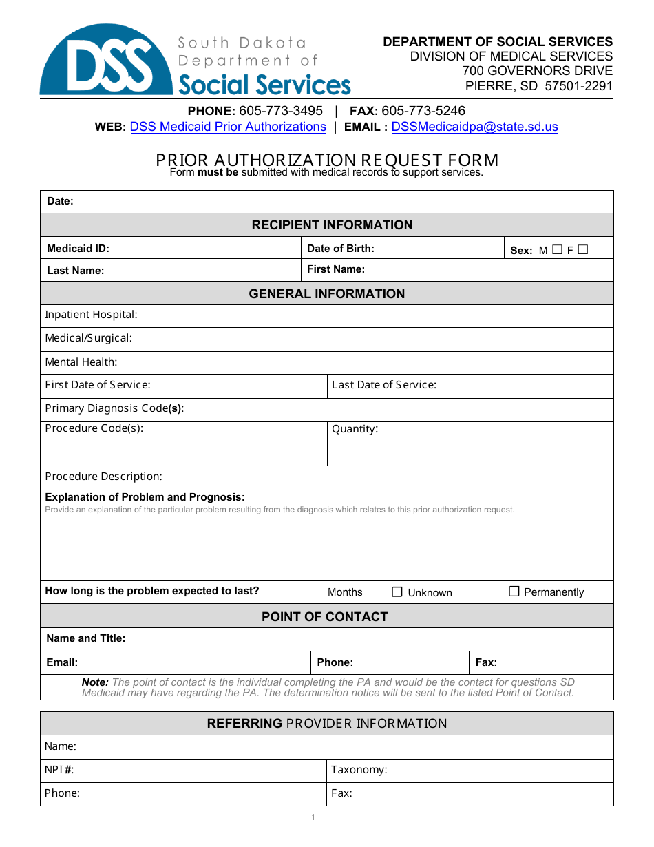 Form PA-100 Prior Authorization Request Form: General - South Dakota, Page 1