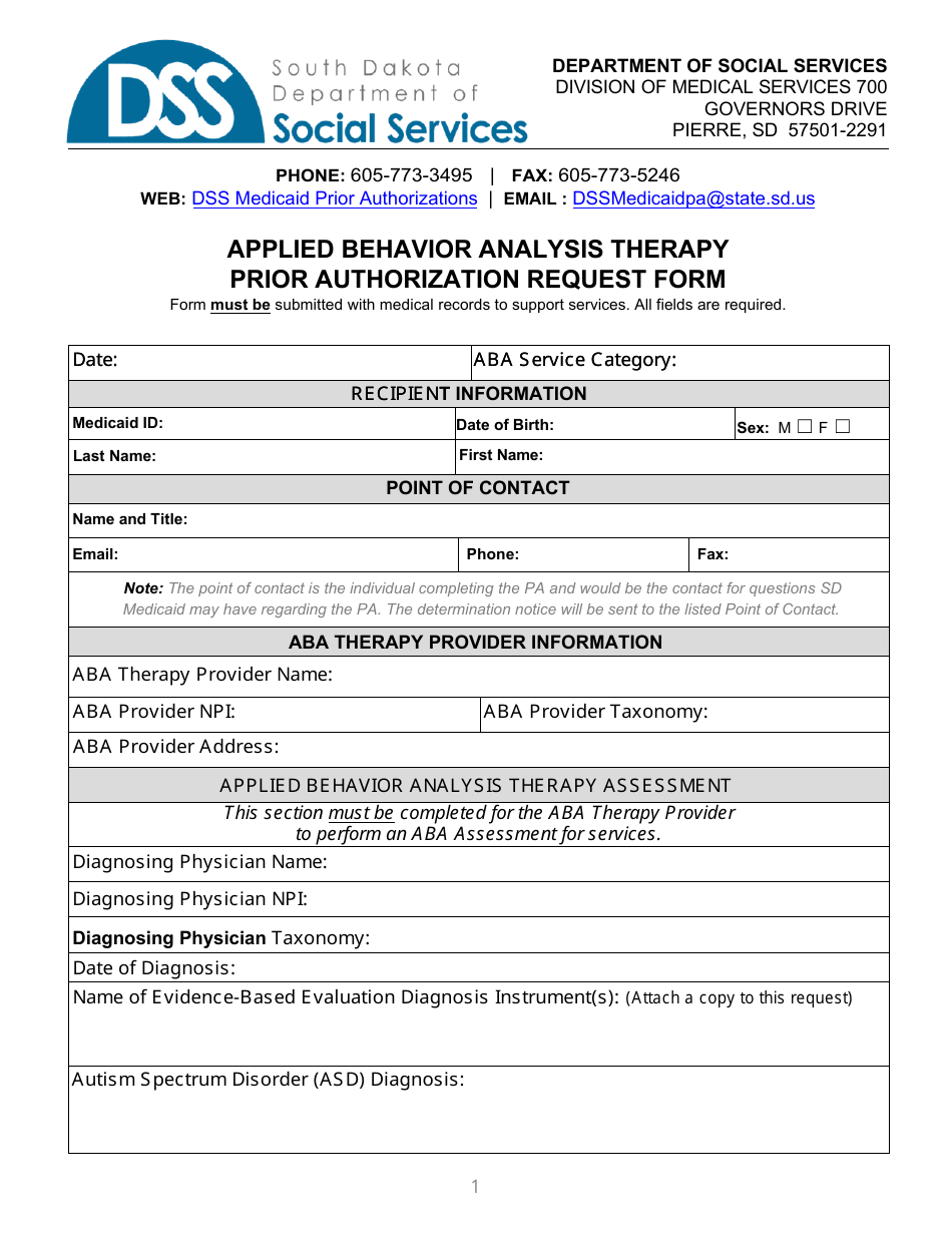 Form PA-102 Applied Behavior Analysis Therapy Prior Authorization Request Form - South Dakota, Page 1