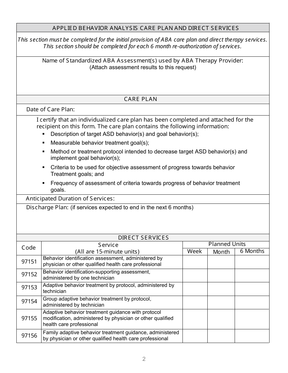Form PA-102 Applied Behavior Analysis Therapy Prior Authorization Request Form - South Dakota, Page 2