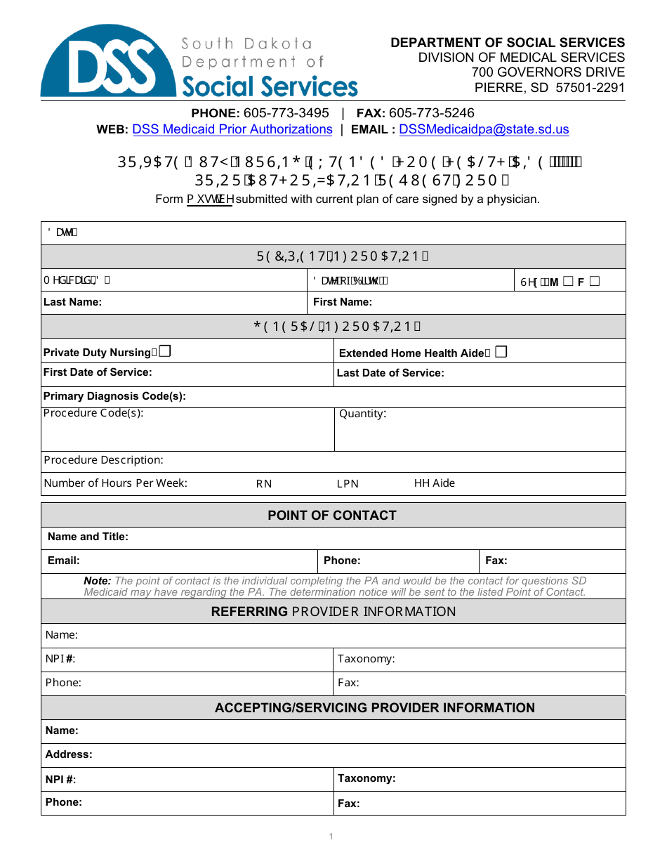 Form PA-104 Private Duty Nursing / Extended Home Health Aide Prior Authorization Request Form - South Dakota, Page 1