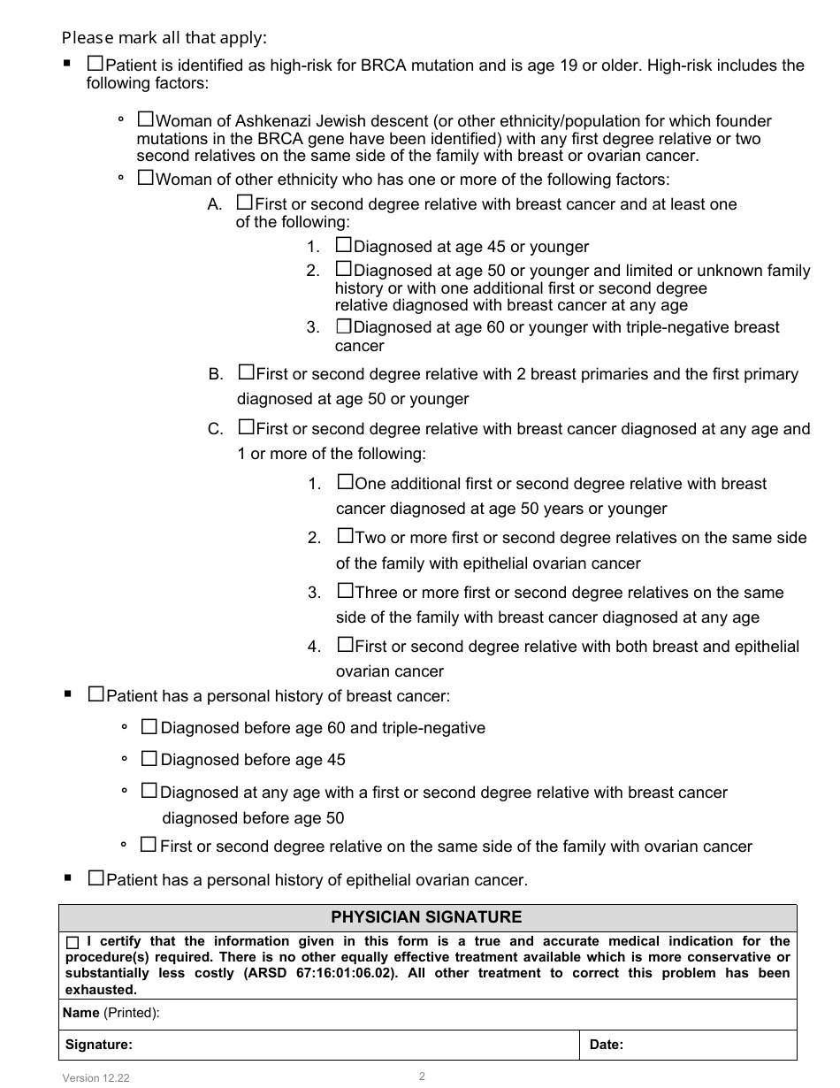 Form PA-107 Brca Prior Authorization Request Form - South Dakota, Page 2
