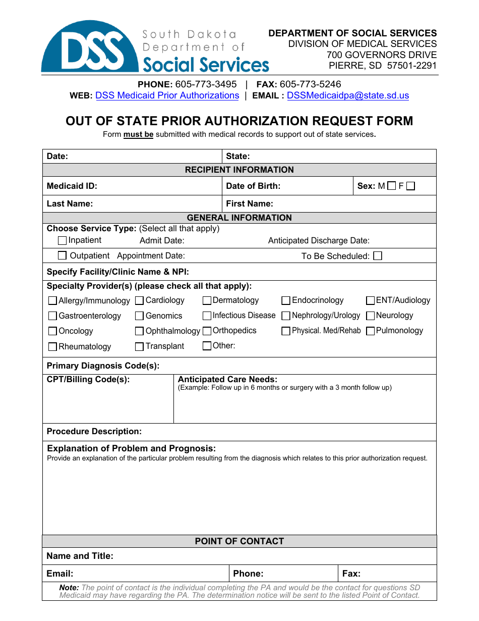 Form PA-105 Out of State Prior Authorization Request Form - South Dakota, Page 1