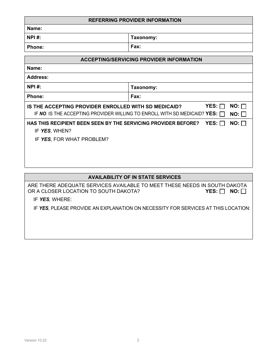 Form PA-105 Out of State Prior Authorization Request Form - South Dakota, Page 2