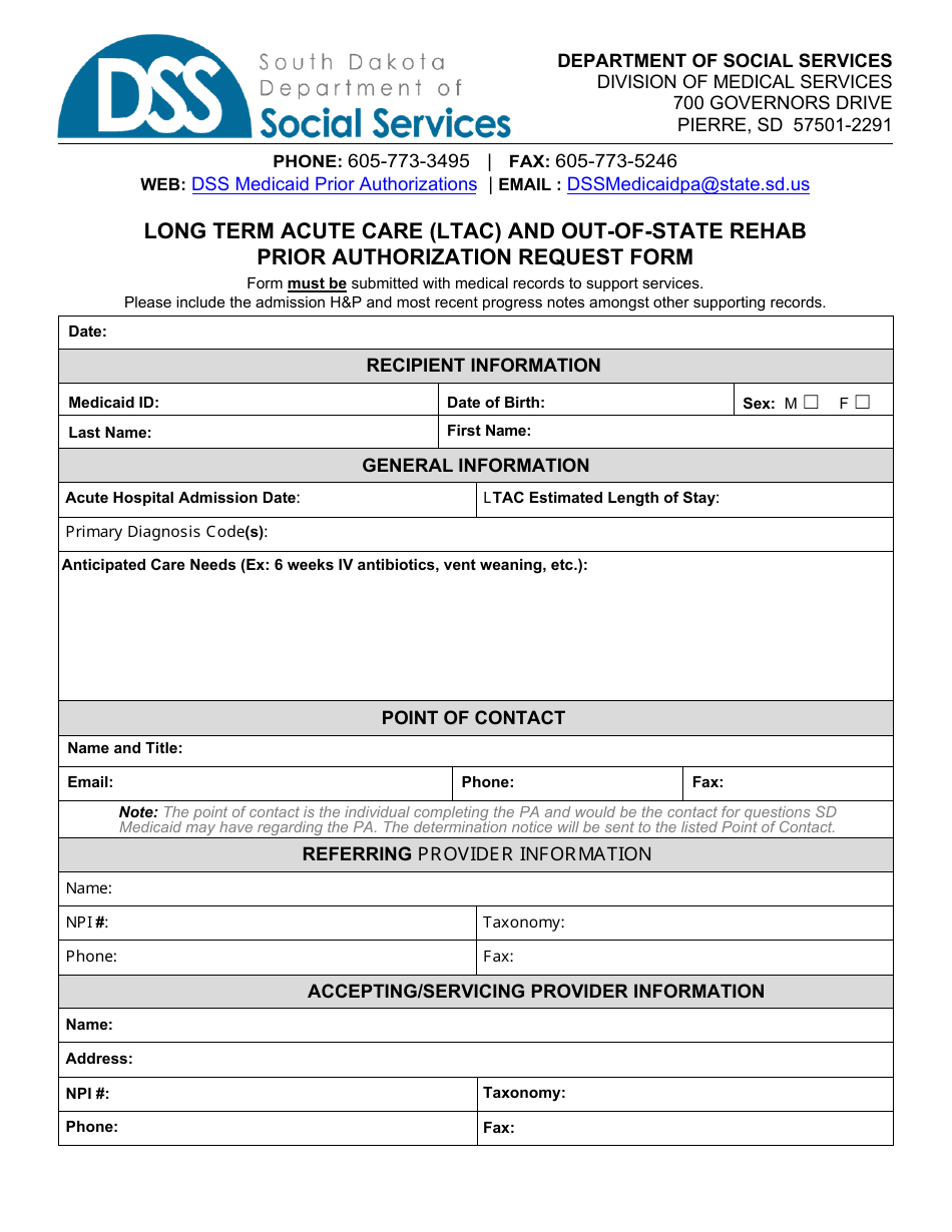 Form PA-112 Long Term Acute Care (Ltac) and Out-of-State Rehab Prior Authorization Request Form - South Dakota, Page 1