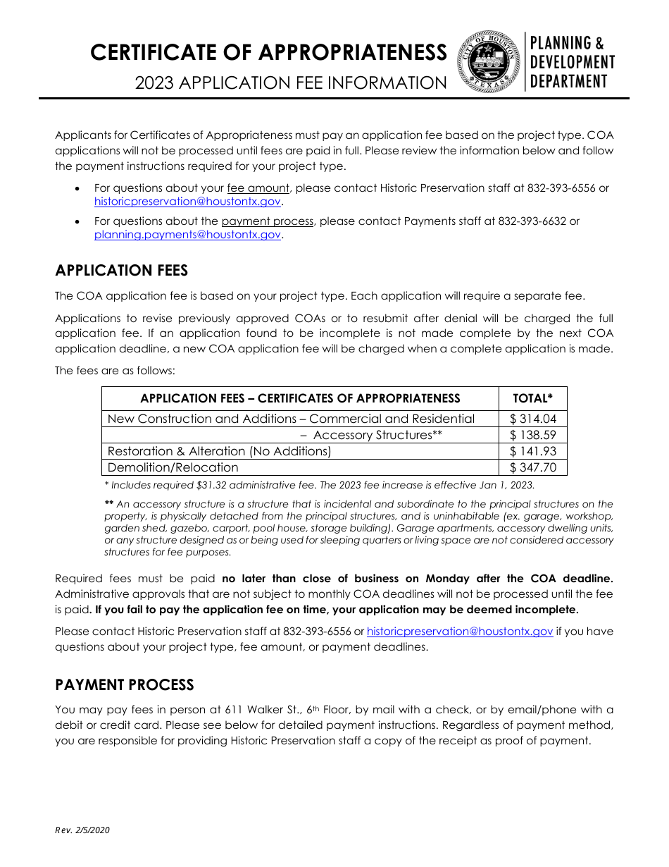 2023 City Of Houston Texas Certificate Of Appropriateness Fill Out Sign Online And Download 1404