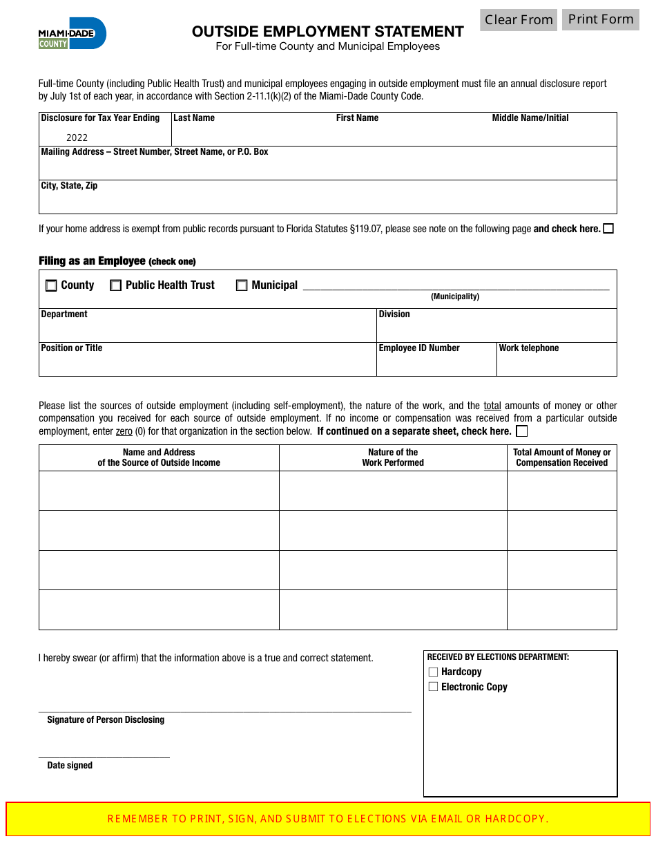 Outside Employment Statement - Miami-Dade County, Florida, Page 1