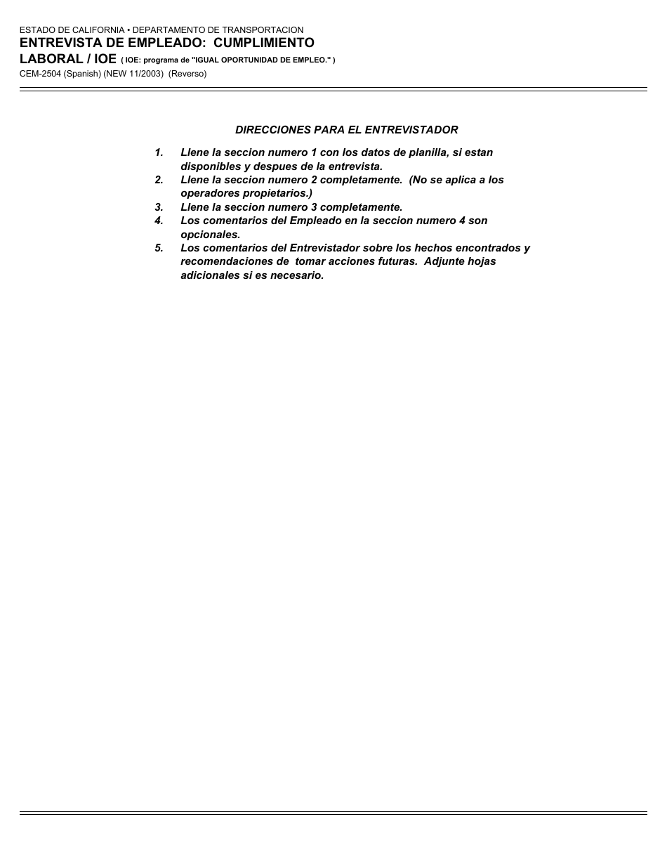 Formulario CEM-2504(SPANISH) Entrevista De Empleado: Cumplimiento Laboral / Ioe - California (Spanish), Page 2