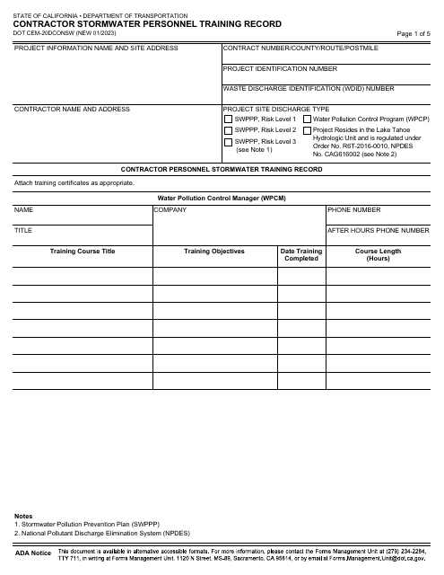 Form DOT CEM-20DCONSW  Printable Pdf