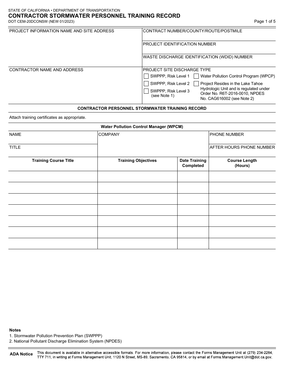 Form DOT CEM-20DCONSW Contractor Stormwater Personnel Training Record - California, Page 1