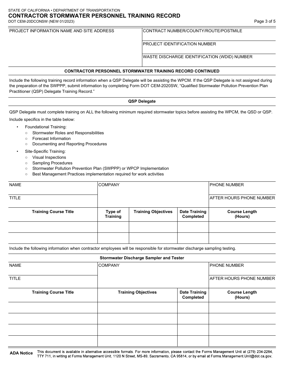 Form DOT CEM-20DCONSW Contractor Stormwater Personnel Training Record - California, Page 3