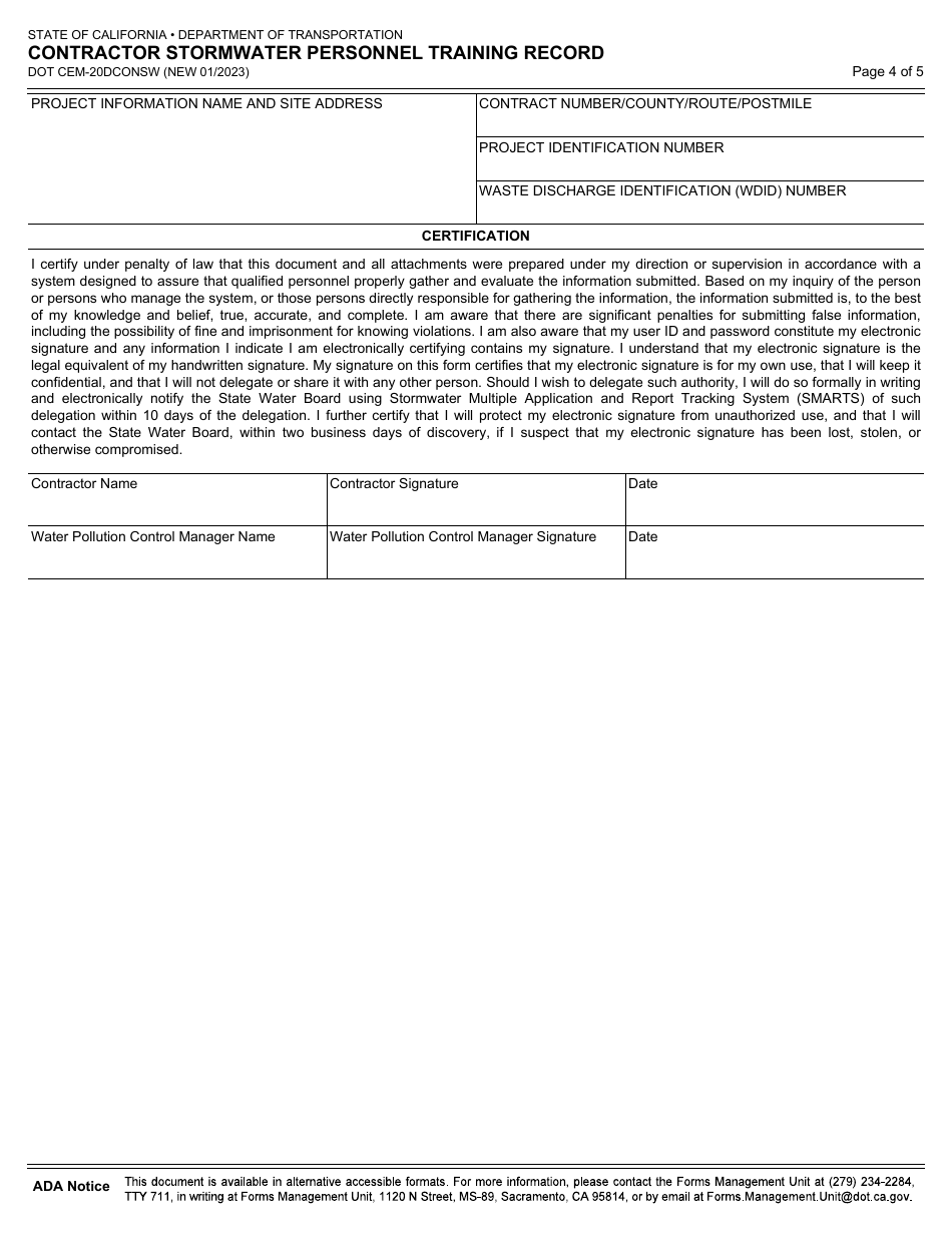 Form DOT CEM-20DCONSW Contractor Stormwater Personnel Training Record - California, Page 4