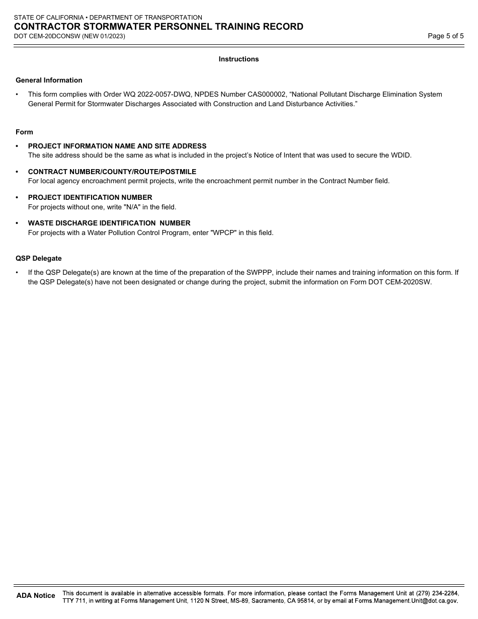 Form DOT CEM-20DCONSW Contractor Stormwater Personnel Training Record - California, Page 5