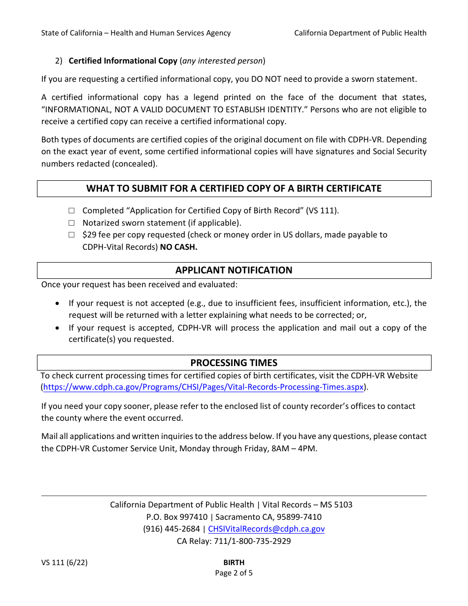 Form VS111 Application for Certified Copy of Birth Record - California, Page 2