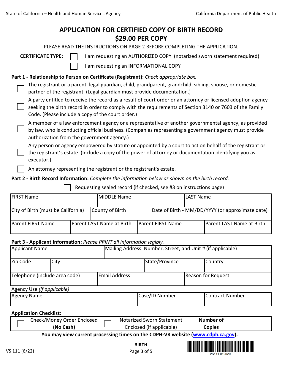 Form VS111 Application for Certified Copy of Birth Record - California, Page 3