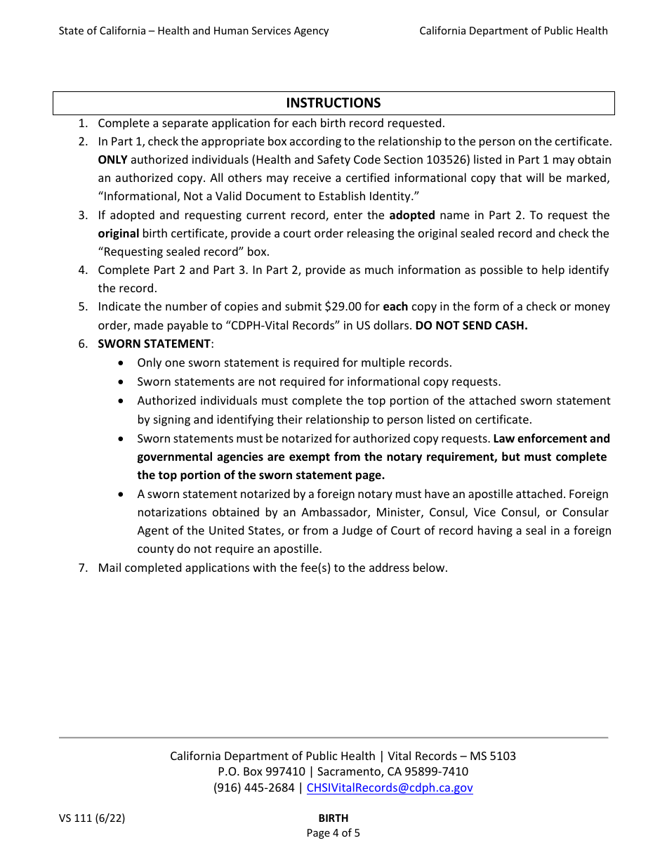 Form VS111 Application for Certified Copy of Birth Record - California, Page 4