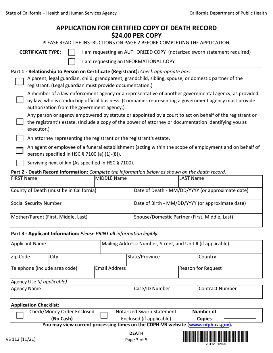 Form VS112 Application for Certified Copy of Death Record - California, Page 3